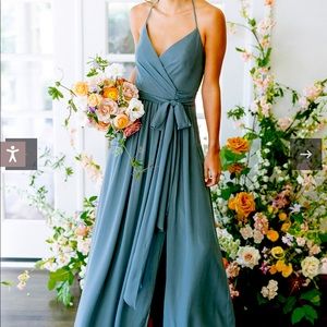 REVELRY Hannah Chiffon Faux Wrap Bridesmaid Dress- Dusty Blue Small
